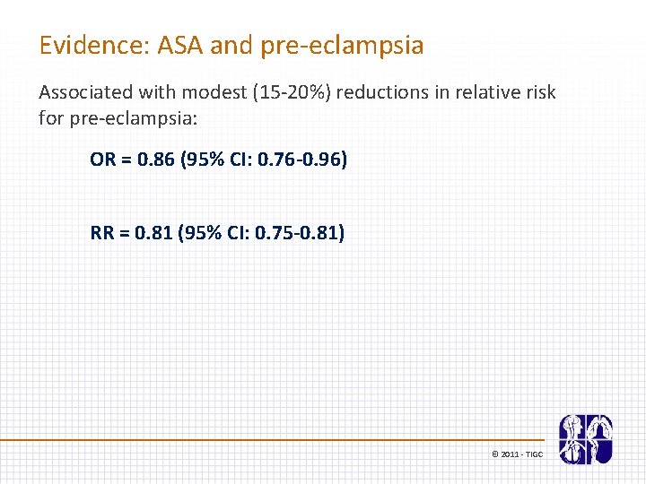 Evidence: ASA and pre-eclampsia Associated with modest (15 -20%) reductions in relative risk for