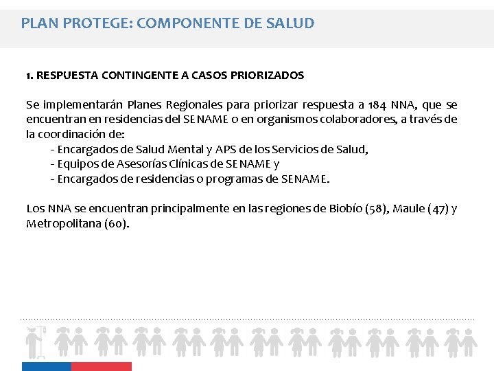 PLAN PROTEGE: COMPONENTE DE SALUD 1. RESPUESTA CONTINGENTE A CASOS PRIORIZADOS Se implementarán Planes PLAN PROTEGE: COMPONENTE DE SALUD 1. RESPUESTA CONTINGENTE A CASOS PRIORIZADOS Se implementarán Planes