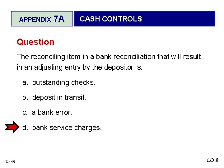 APPENDIX 7 A CASH CONTROLS Question The reconciling item in a bank reconciliation that