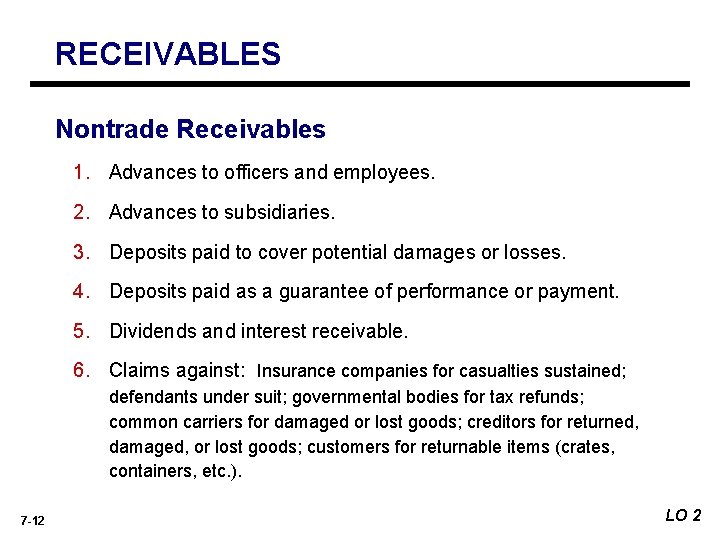 RECEIVABLES Nontrade Receivables 1. Advances to officers and employees. 2. Advances to subsidiaries. 3.