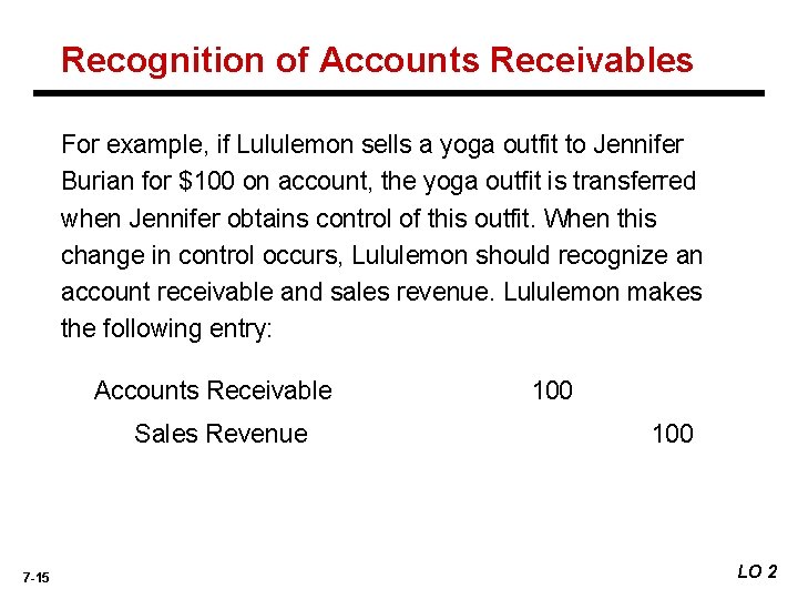 Recognition of Accounts Receivables For example, if Lululemon sells a yoga outfit to Jennifer