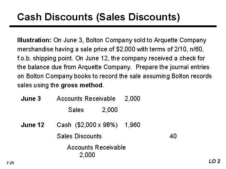 Cash Discounts (Sales Discounts) Illustration: On June 3, Bolton Company sold to Arquette Company