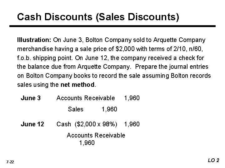 Cash Discounts (Sales Discounts) Illustration: On June 3, Bolton Company sold to Arquette Company