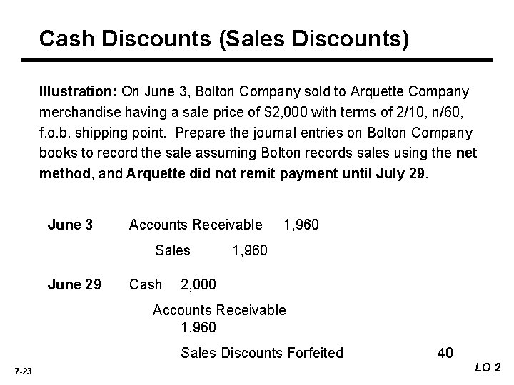 Cash Discounts (Sales Discounts) Illustration: On June 3, Bolton Company sold to Arquette Company