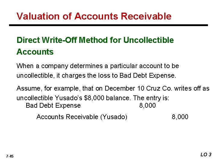 Valuation of Accounts Receivable Direct Write-Off Method for Uncollectible Accounts When a company determines