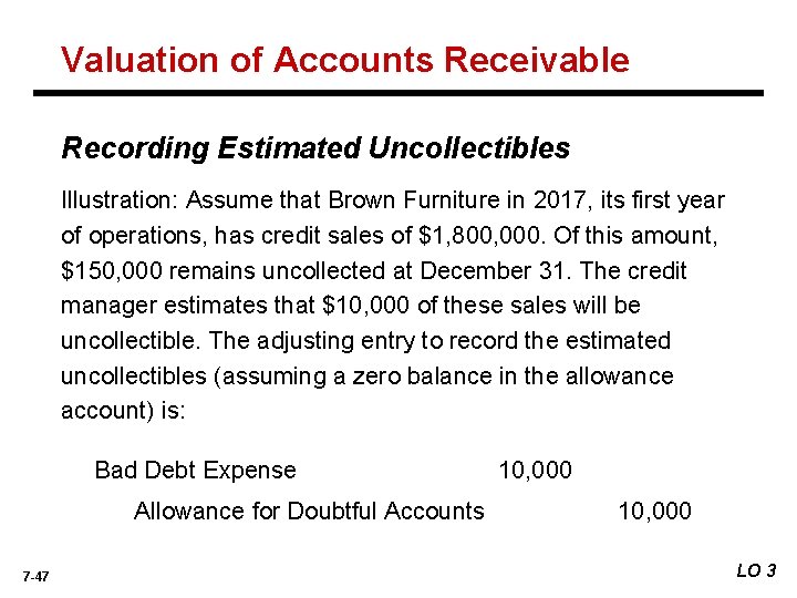 Valuation of Accounts Receivable Recording Estimated Uncollectibles Illustration: Assume that Brown Furniture in 2017,