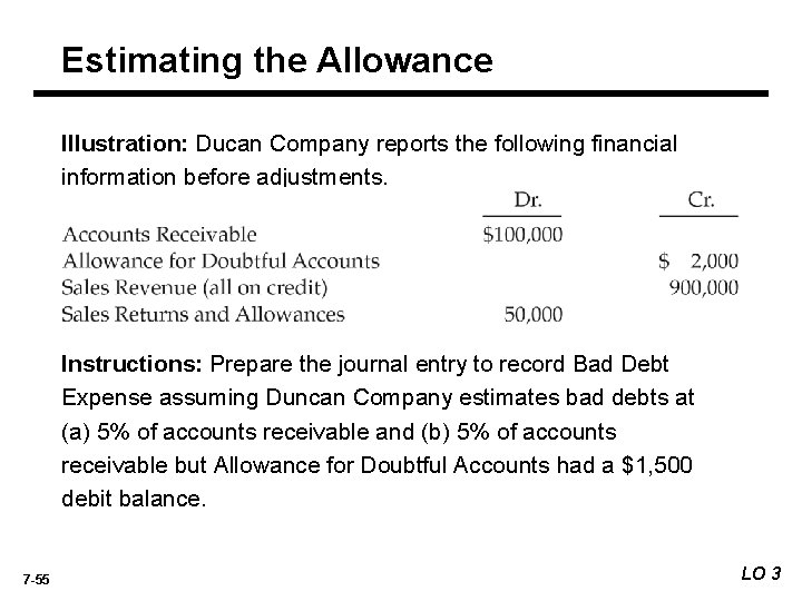 Estimating the Allowance Illustration: Ducan Company reports the following financial information before adjustments. Instructions: