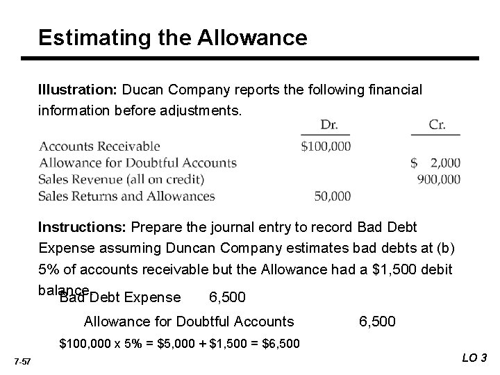 Estimating the Allowance Illustration: Ducan Company reports the following financial information before adjustments. Instructions: