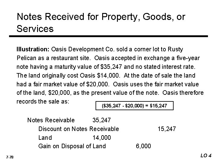 Notes Received for Property, Goods, or Services Illustration: Oasis Development Co. sold a corner