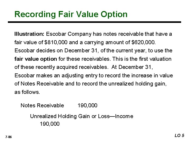 Recording Fair Value Option Illustration: Escobar Company has notes receivable that have a fair