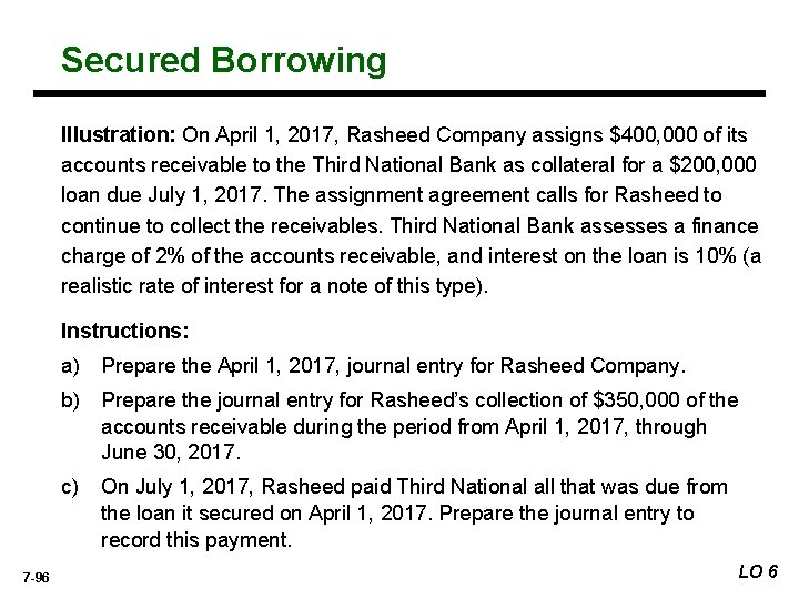 Secured Borrowing Illustration: On April 1, 2017, Rasheed Company assigns $400, 000 of its