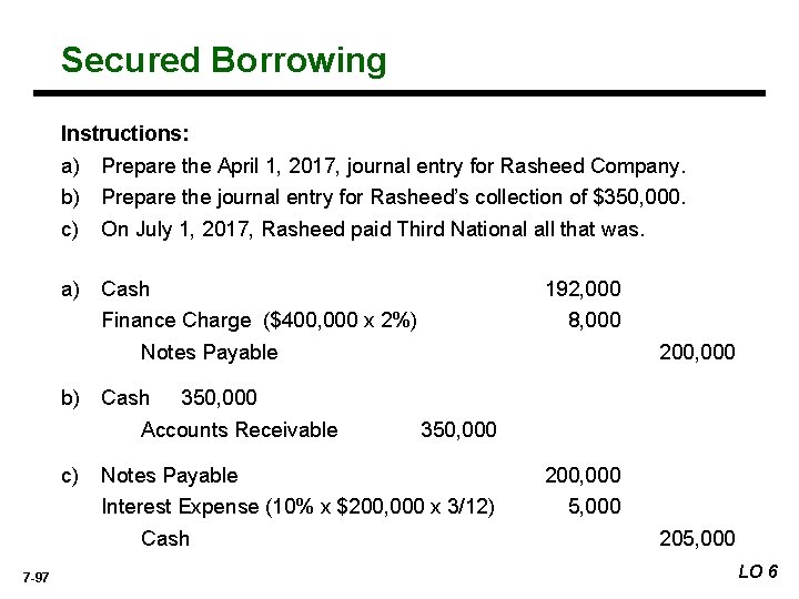 Secured Borrowing Instructions: a) Prepare the April 1, 2017, journal entry for Rasheed Company.