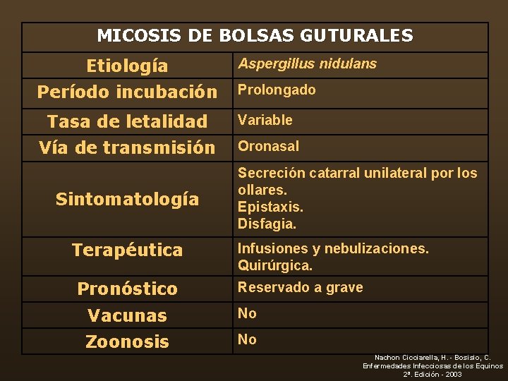 MICOSIS DE BOLSAS GUTURALES Etiología Período incubación Aspergillus nidulans Prolongado Tasa de letalidad Variable