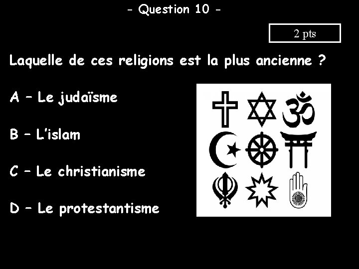 - Question 10 2 pts Laquelle de ces religions est la plus ancienne ?