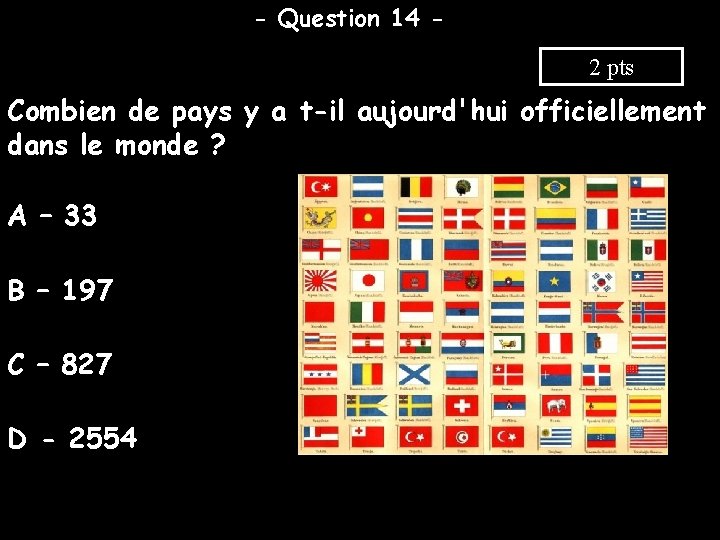 - Question 14 2 pts Combien de pays y a t-il aujourd'hui officiellement dans