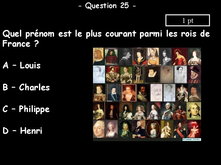 - Question 25 1 pt Quel prénom est le plus courant parmi les rois