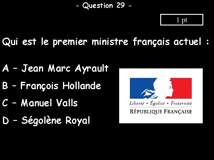 - Question 29 1 pt Qui est le premier ministre français actuel : A