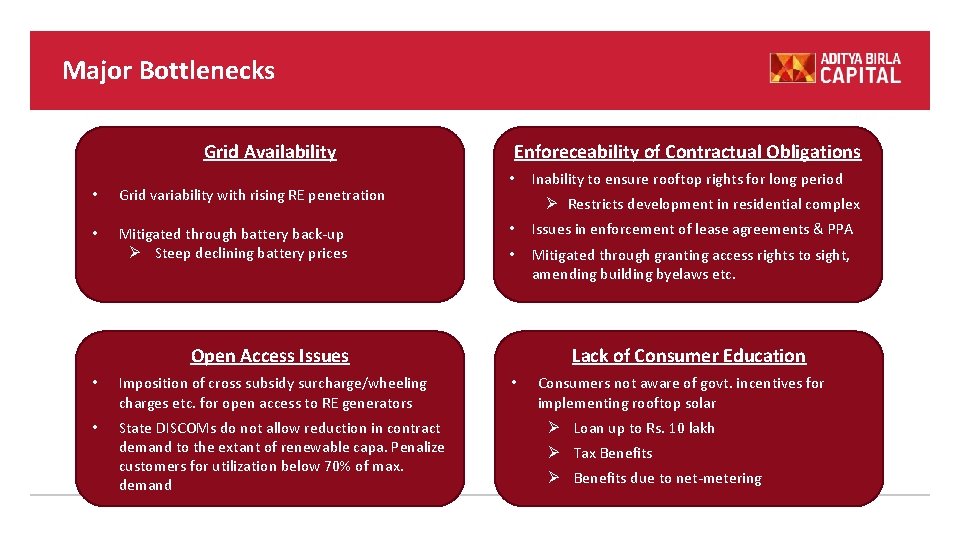 Major Bottlenecks Grid Availability • Grid variability with rising RE penetration • Mitigated through Major Bottlenecks Grid Availability • Grid variability with rising RE penetration • Mitigated through