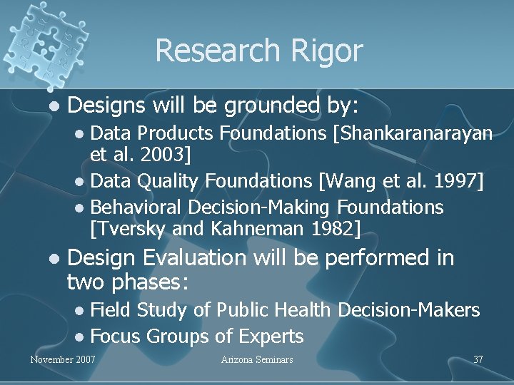 Research Rigor l Designs will be grounded by: Data Products Foundations [Shankaranarayan et al.