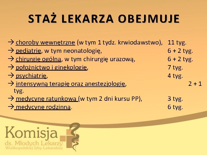 STAŻ LEKARZA OBEJMUJE choroby wewnętrzne (w tym 1 tydz. krwiodawstwo), 11 tyg. pediatrię, w