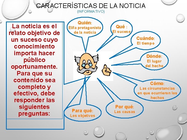 CARACTERÍSTICAS DE LA NOTICIA (INFORMATIVO) La noticia es el relato objetivo de un suceso