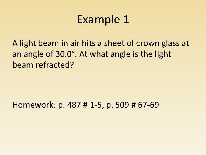 Example 1 A light beam in air hits a sheet of crown glass at