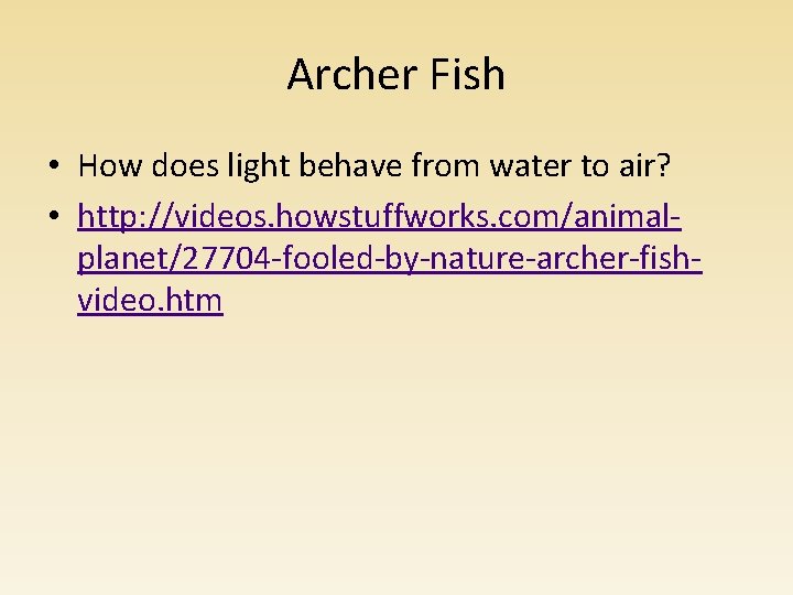 Archer Fish • How does light behave from water to air? • http: //videos.