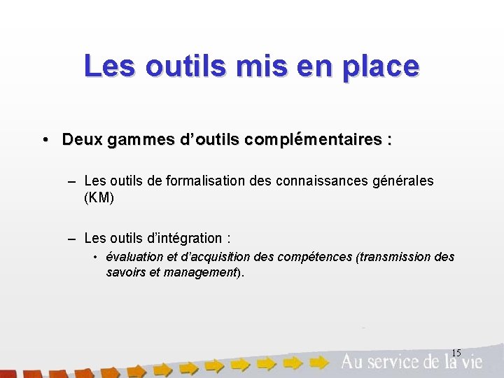 Les outils mis en place • Deux gammes d’outils complémentaires : – Les outils