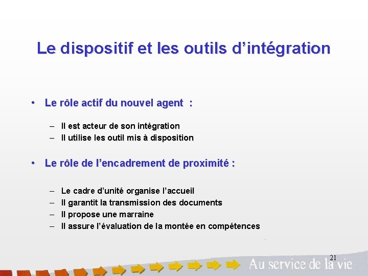 Le dispositif et les outils d’intégration • Le rôle actif du nouvel agent :