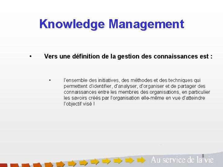 Knowledge Management • Vers une définition de la gestion des connaissances est : •