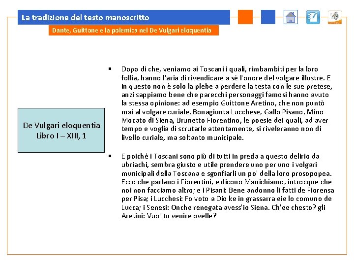 La tradizione del testo manoscritto Dante, Guittone e la polemica nel De Vulgari eloquentia