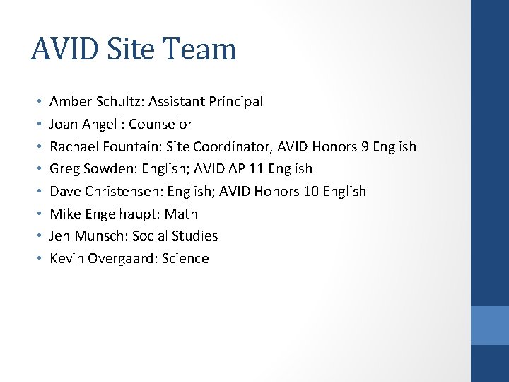 AVID Site Team • • Amber Schultz: Assistant Principal Joan Angell: Counselor Rachael Fountain: AVID Site Team • • Amber Schultz: Assistant Principal Joan Angell: Counselor Rachael Fountain: