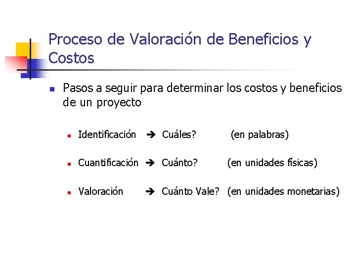 Proceso de Valoración de Beneficios y Costos n Pasos a seguir para determinar los Proceso de Valoración de Beneficios y Costos n Pasos a seguir para determinar los