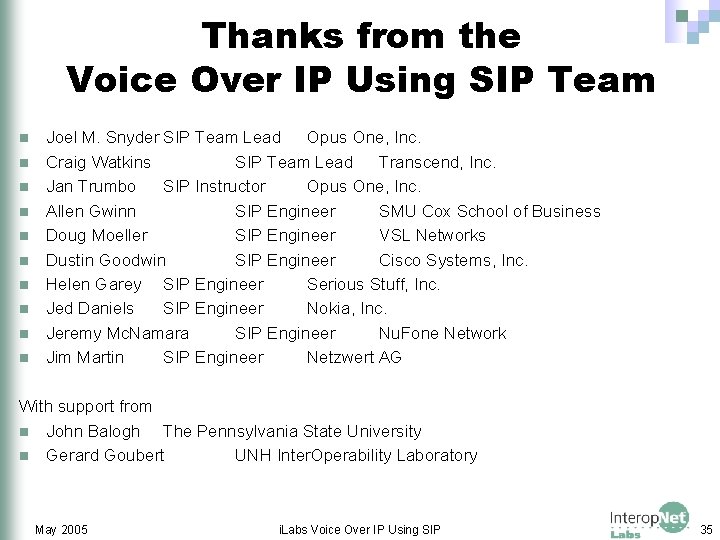 Thanks from the Voice Over IP Using SIP Team n n n n n