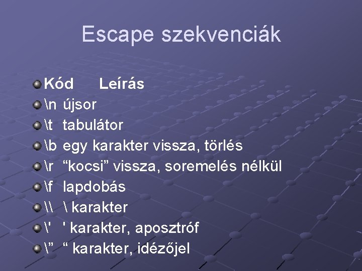 Escape szekvenciák Kód Leírás n újsor t tabulátor b egy karakter vissza, törlés r