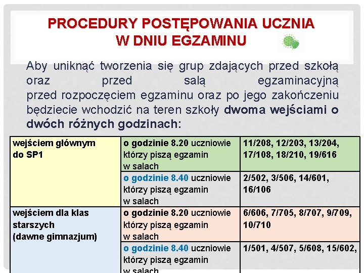 PROCEDURY POSTĘPOWANIA UCZNIA W DNIU EGZAMINU Aby uniknąć tworzenia się grup zdających przed szkołą