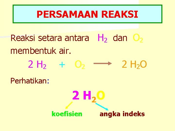 PERSAMAAN REAKSI Reaksi setara antara H 2 dan O 2 membentuk air. 2 H