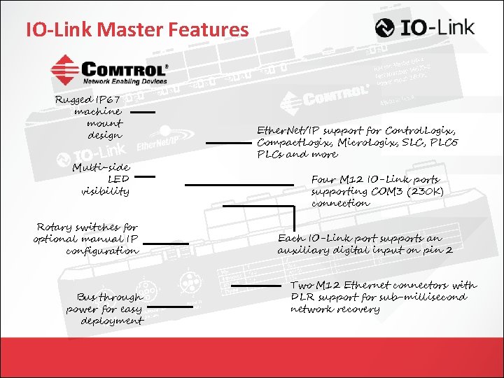 IO-Link Master Features Rugged IP 67 machine mount design Multi-side LED visibility Rotary switches