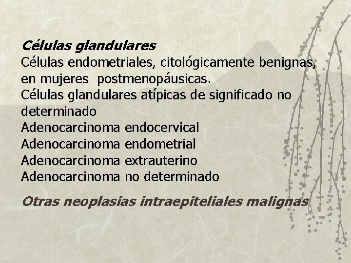 Células glandulares Células endometriales, citológicamente benignas, en mujeres postmenopáusicas. Células glandulares atípicas de significado Células glandulares Células endometriales, citológicamente benignas, en mujeres postmenopáusicas. Células glandulares atípicas de significado