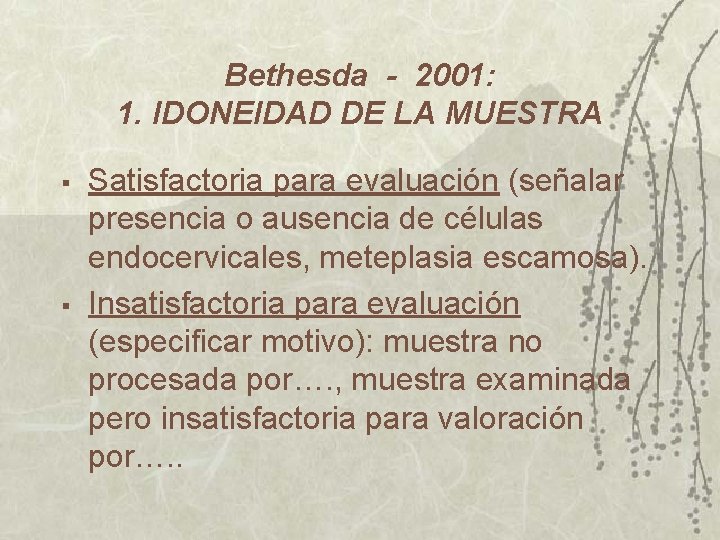 Bethesda - 2001: 1. IDONEIDAD DE LA MUESTRA § § Satisfactoria para evaluación (señalar Bethesda - 2001: 1. IDONEIDAD DE LA MUESTRA § § Satisfactoria para evaluación (señalar