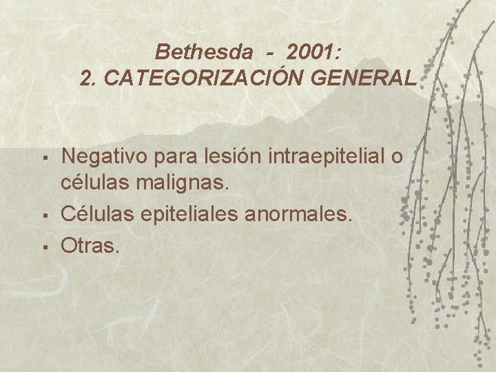 Bethesda - 2001: 2. CATEGORIZACIÓN GENERAL § § § Negativo para lesión intraepitelial o Bethesda - 2001: 2. CATEGORIZACIÓN GENERAL § § § Negativo para lesión intraepitelial o