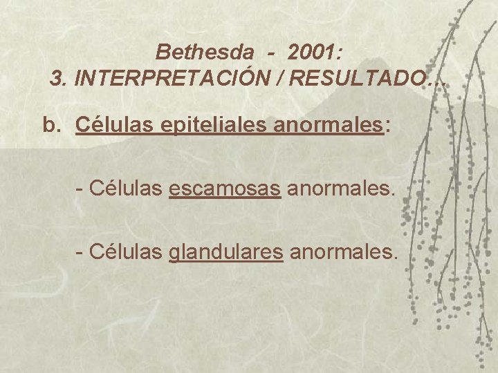 Bethesda - 2001: 3. INTERPRETACIÓN / RESULTADO… b. Células epiteliales anormales: - Células escamosas Bethesda - 2001: 3. INTERPRETACIÓN / RESULTADO… b. Células epiteliales anormales: - Células escamosas