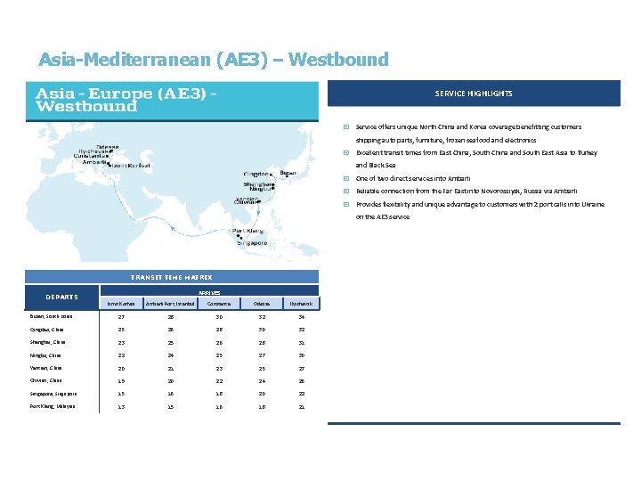 Asia-Mediterranean (AE 3) – Westbound SERVICE HIGHLIGHTS y Service offers unique North China and