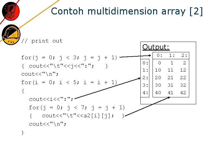 Contoh multidimension array [2] // print out for(j = 0; j < 3; j