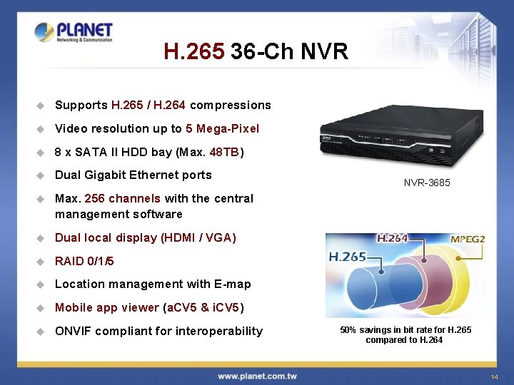 H. 265 36 -Ch NVR u Supports H. 265 / H. 264 compressions u