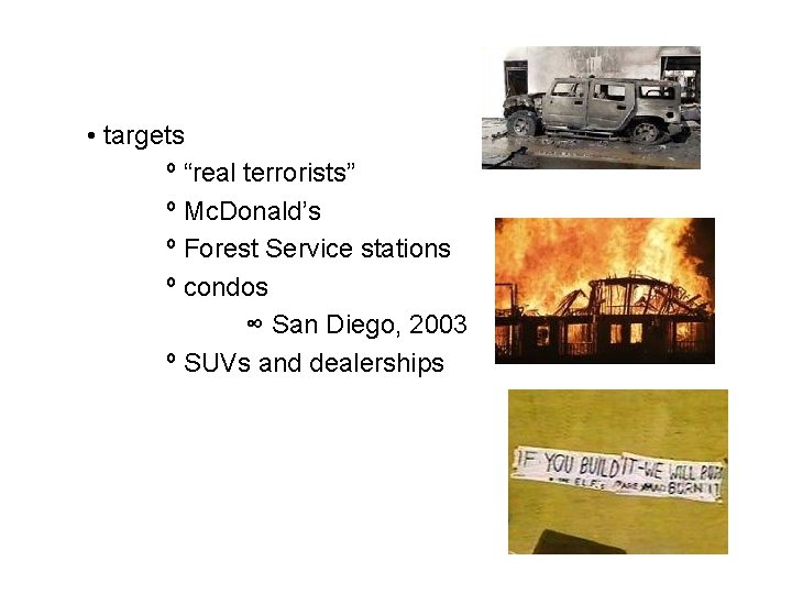  • targets º “real terrorists” º Mc. Donald’s º Forest Service stations º