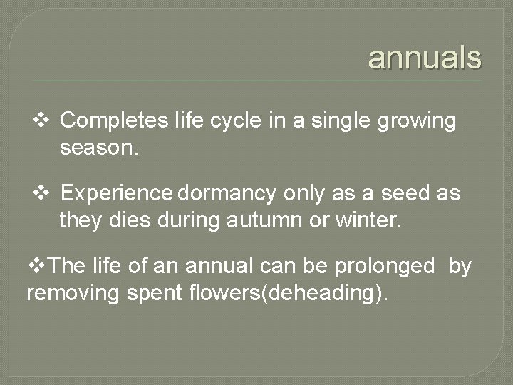 annuals v Completes life cycle in a single growing season. v Experience dormancy only