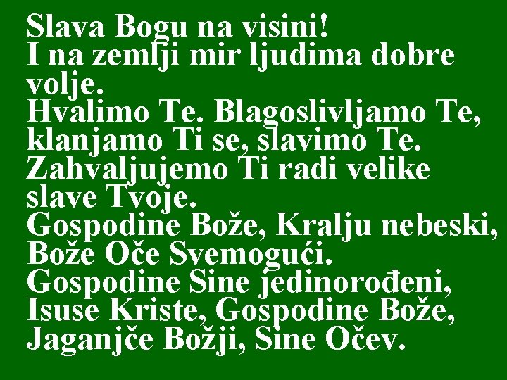 Slava Bogu na visini! I na zemlji mir ljudima dobre volje. Hvalimo Te. Blagoslivljamo