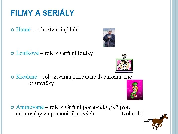 FILMY A SERIÁLY Hrané – role ztvárňují lidé Loutkové – role ztvárňují loutky Kreslené