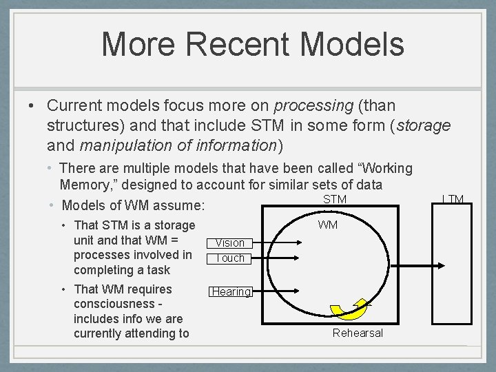 More Recent Models • Current models focus more on processing (than structures) and that